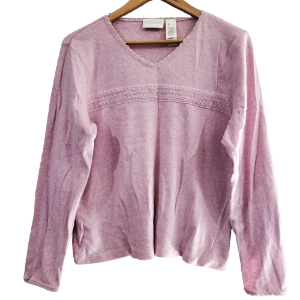 Liz Claiborne Y2K Pink V-neck Stretchy Lace Edges Blouse Size Large